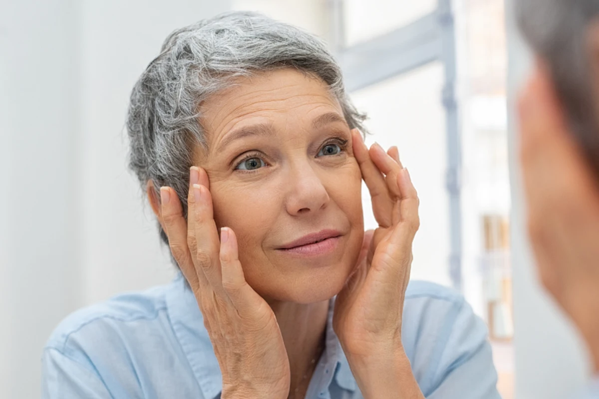 Mature Woman Looking Her Eyes Mirror Img